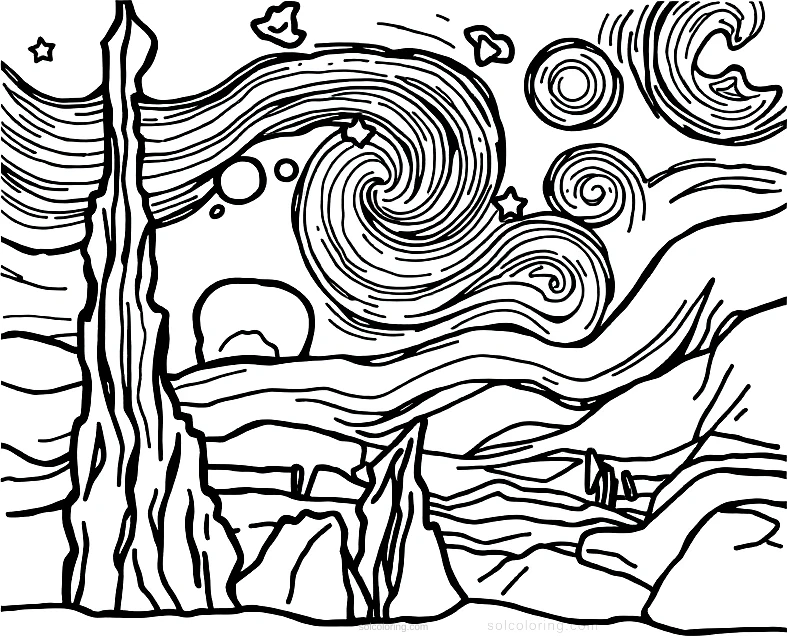 The Starry Night coloring page for kids