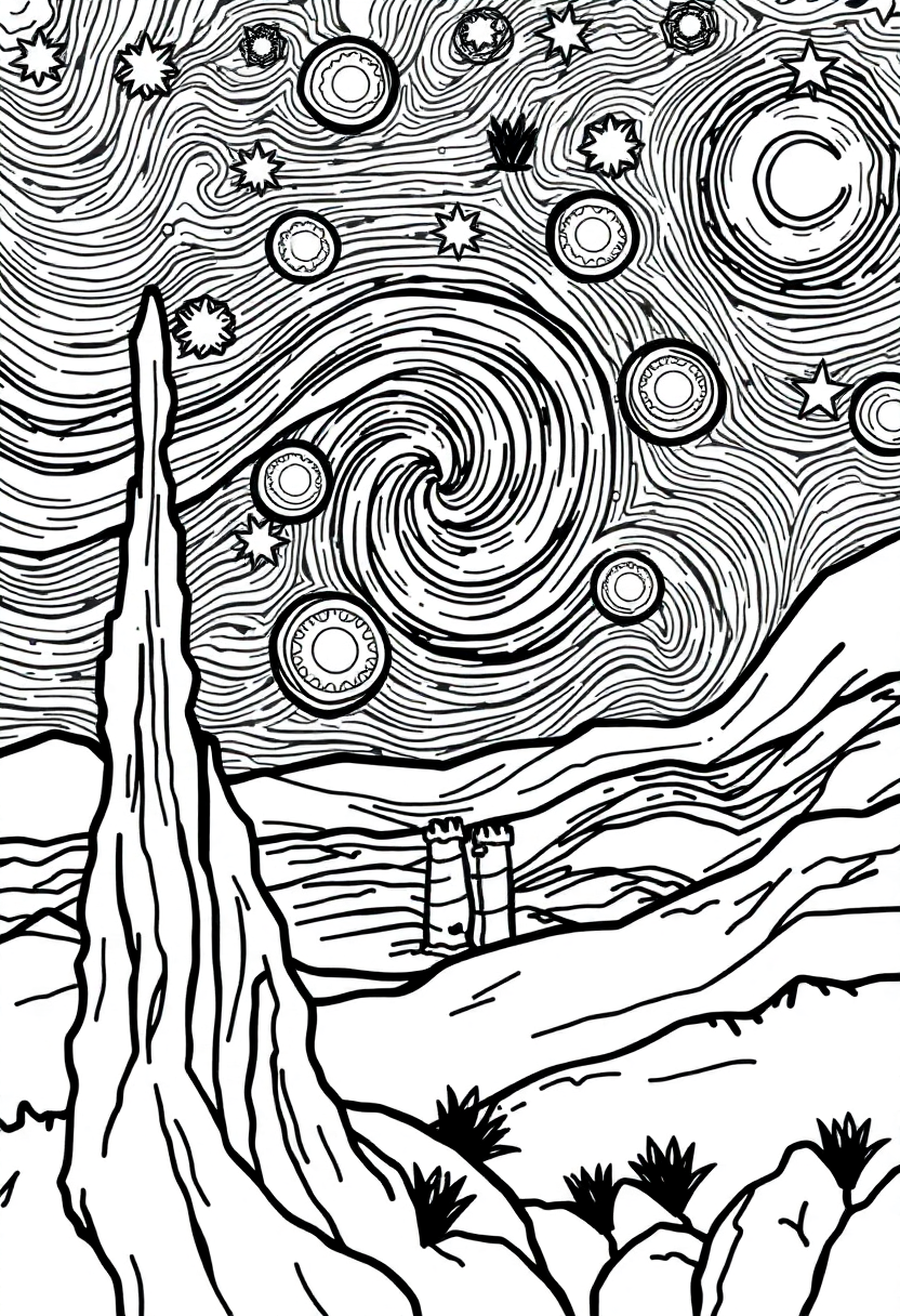 The Starry Night coloring page, free printable