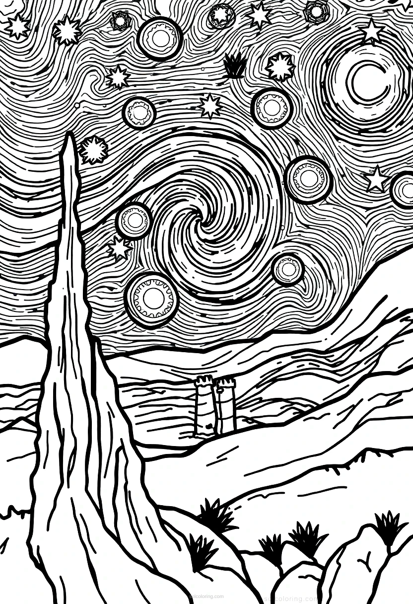 The Starry Night coloring page for kids