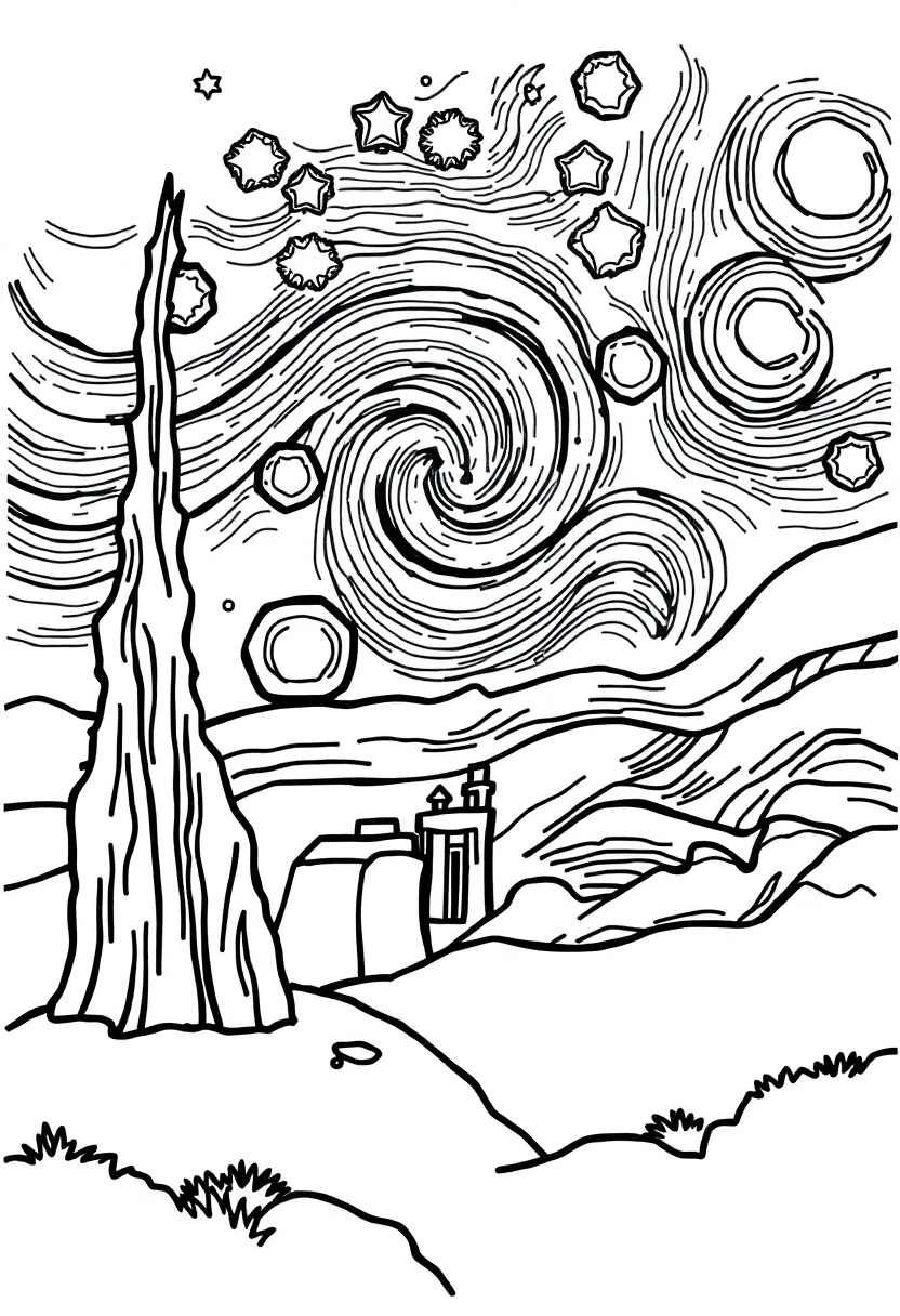 The Starry Night coloring page, free printable