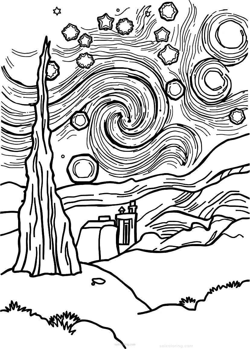 The Starry Night coloring page for kids