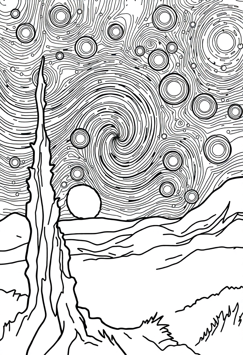 The Starry Night coloring page, free printable