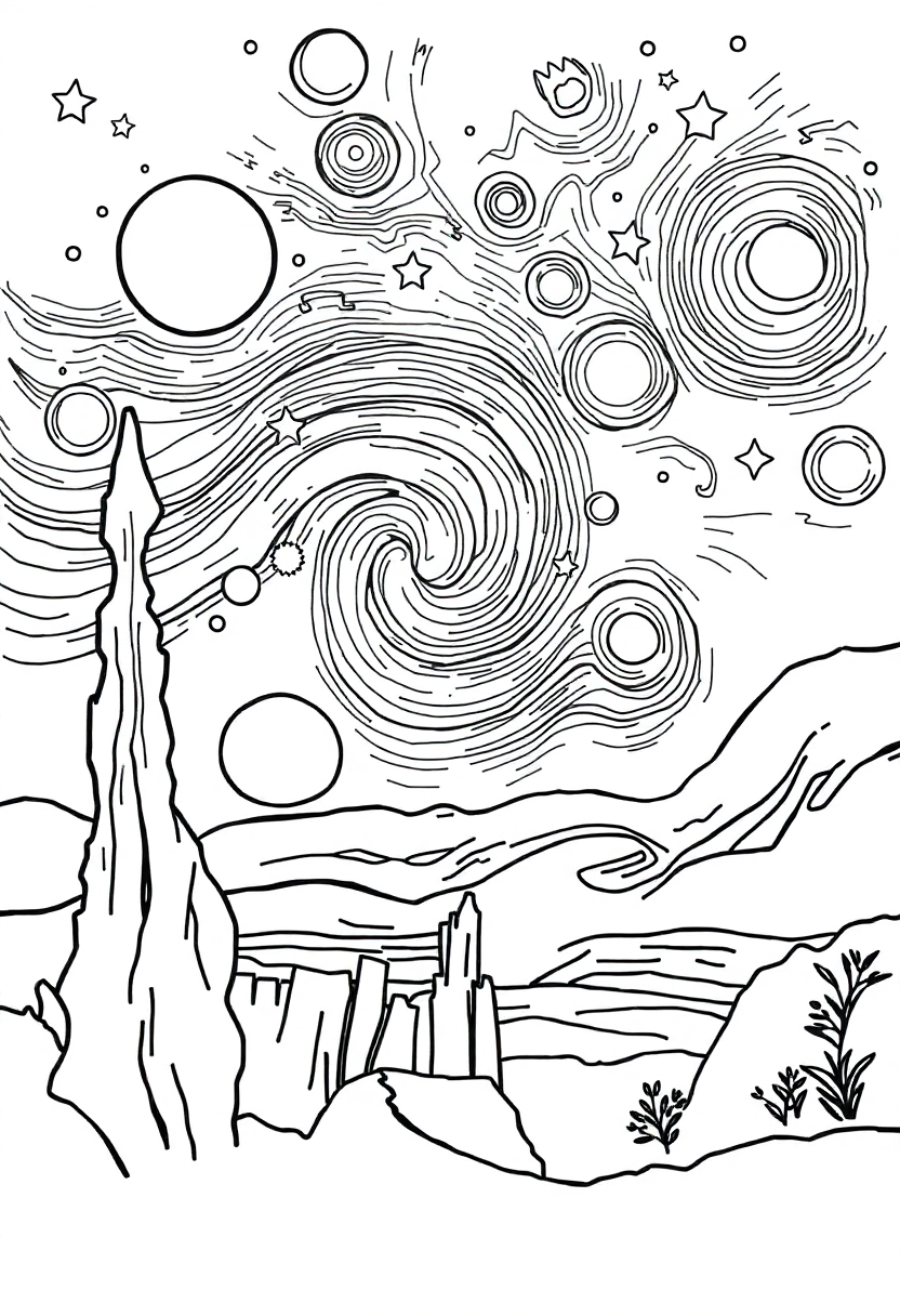 The Starry Night coloring page, free printable