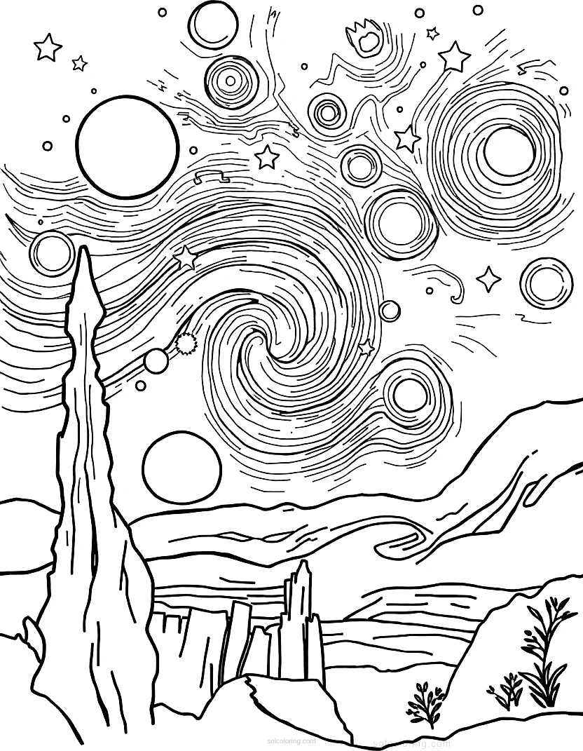The Starry Night coloring page for kids