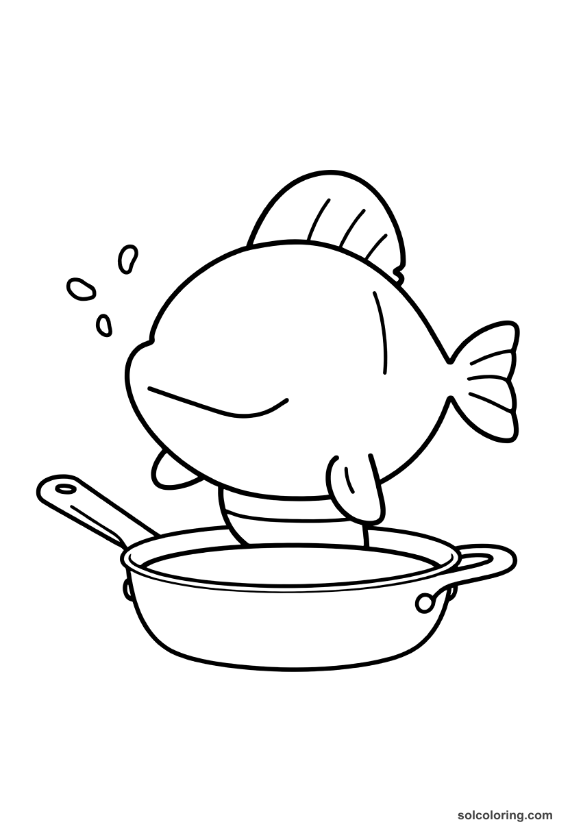 Chibi The talking fish speaking from the pan coloring page, free printable chibi style