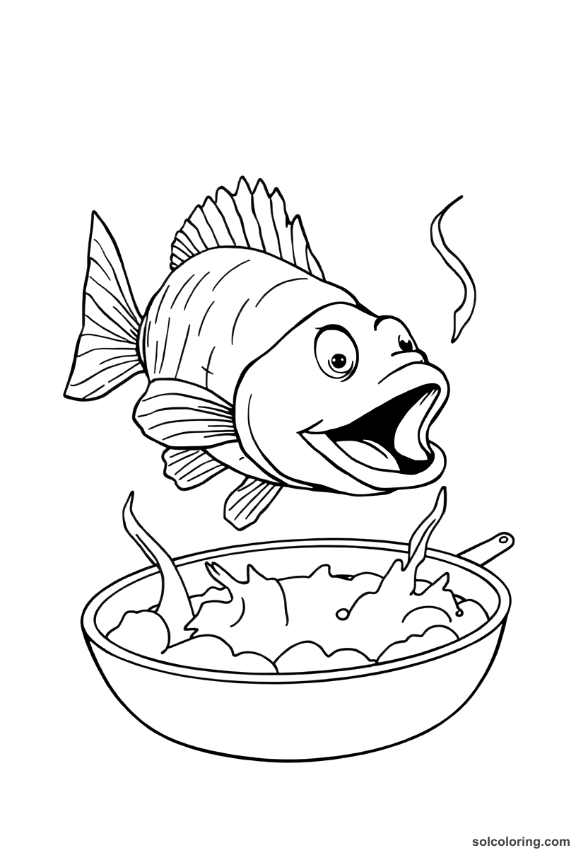The talking fish speaking from the pan coloring page, free printable detailed style