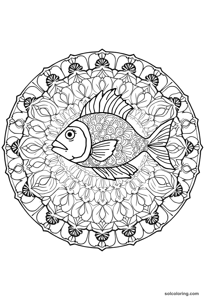 Mandala The talking fish speaking from the pan coloring page, free printable mandala style