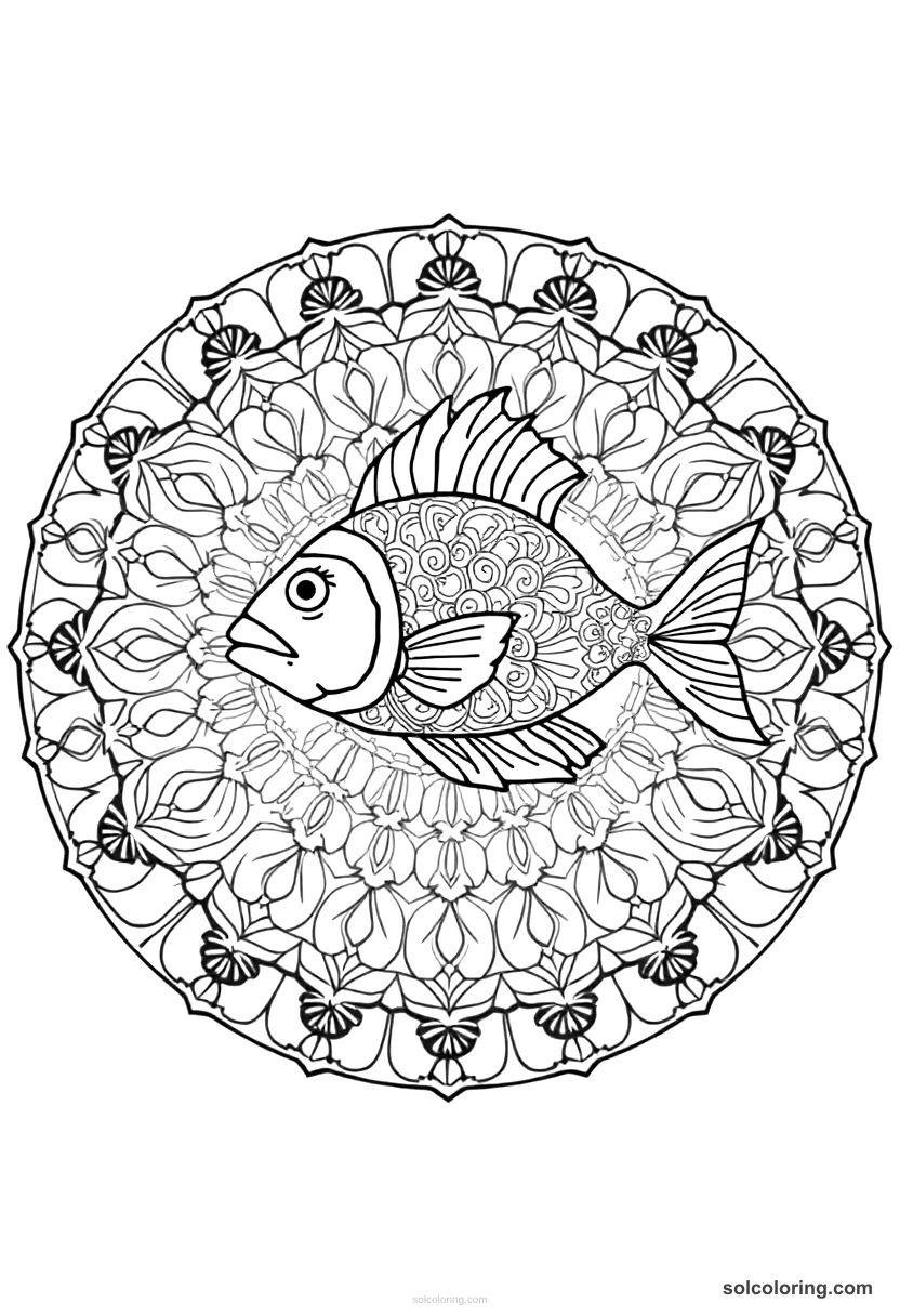 Mandala The talking fish speaking from the pan mandala coloring page for kids