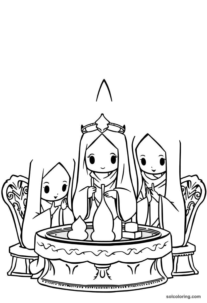 Chibi The three ladies of Baghdad hosting a feast coloring page, free printable chibi style