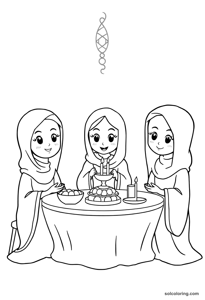 Cute Cartoon The three ladies of Baghdad hosting a feast coloring page, free printable cute cartoon style