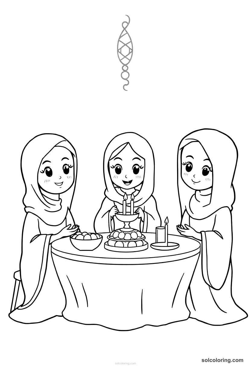 Cute Cartoon The three ladies of Baghdad hosting a feast cute cartoon coloring page for kids
