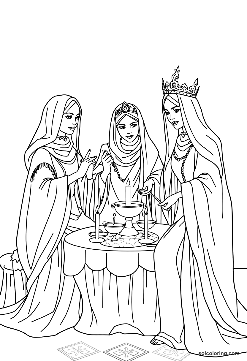 The three ladies of Baghdad hosting a feast coloring page, free printable detailed style