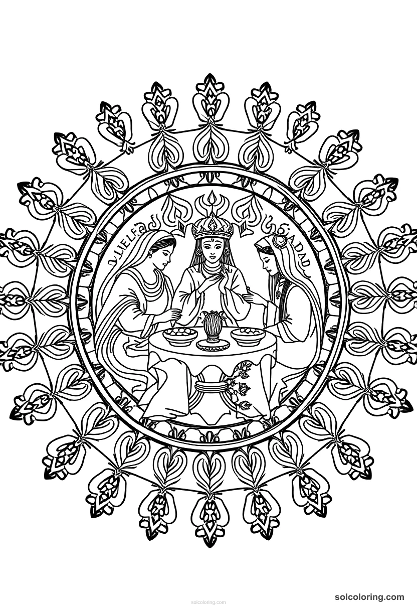 Mandala The three ladies of Baghdad hosting a feast mandala coloring page for kids
