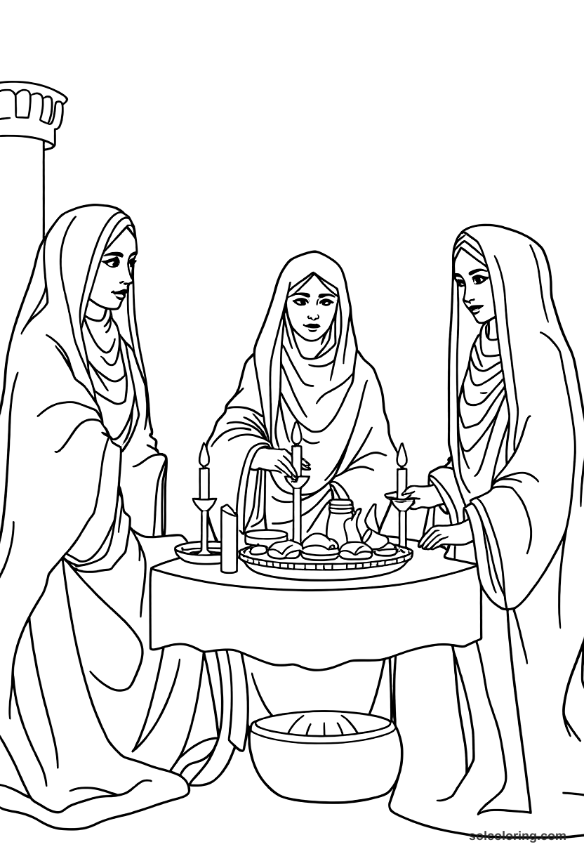 The Three Ladies Of Baghdad Hosting A Feast coloring pages