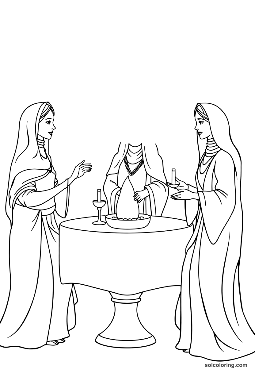 Simple The three ladies of Baghdad hosting a feast coloring page, free printable simple style