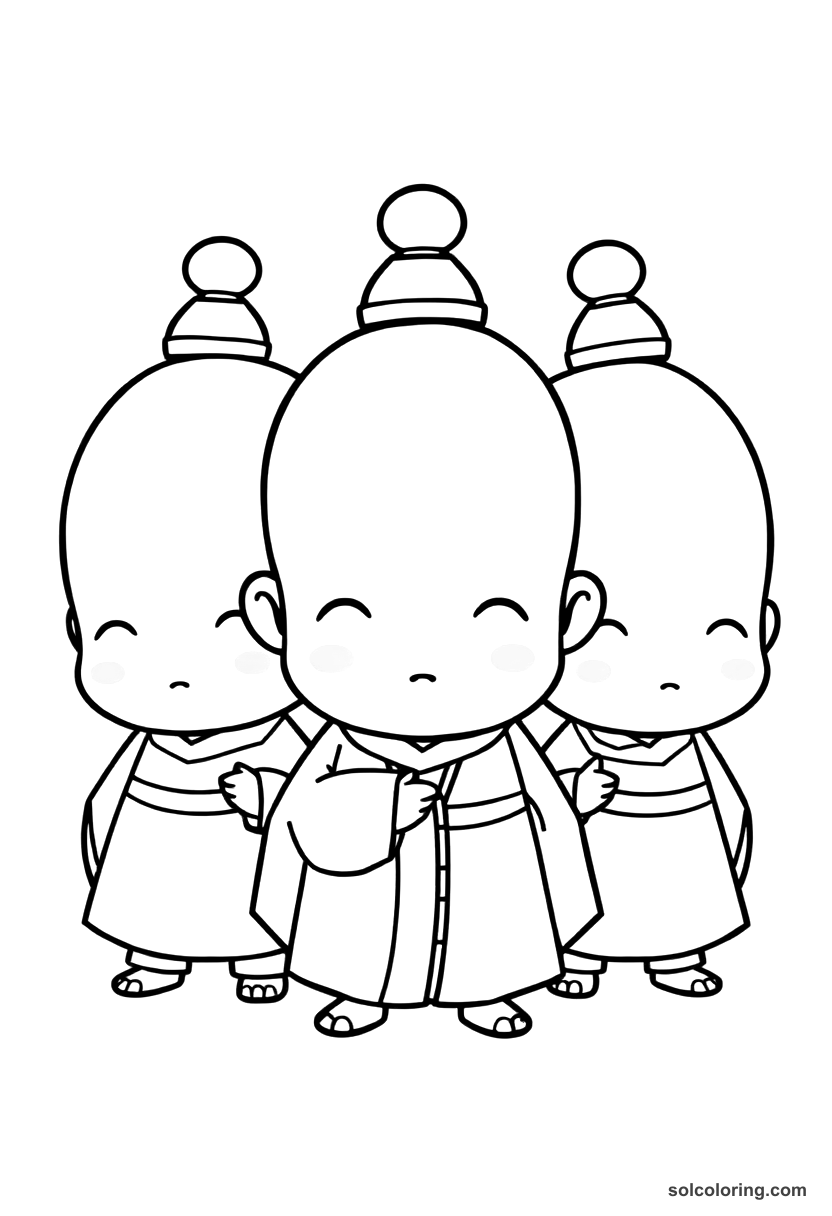 Chibi The three royal dervishes with shaved heads coloring page, free printable chibi style