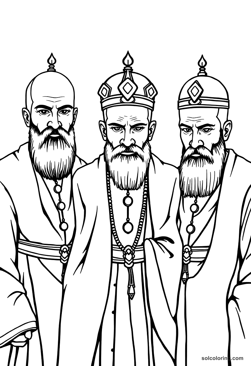 The three royal dervishes with shaved heads coloring page, free printable detailed style