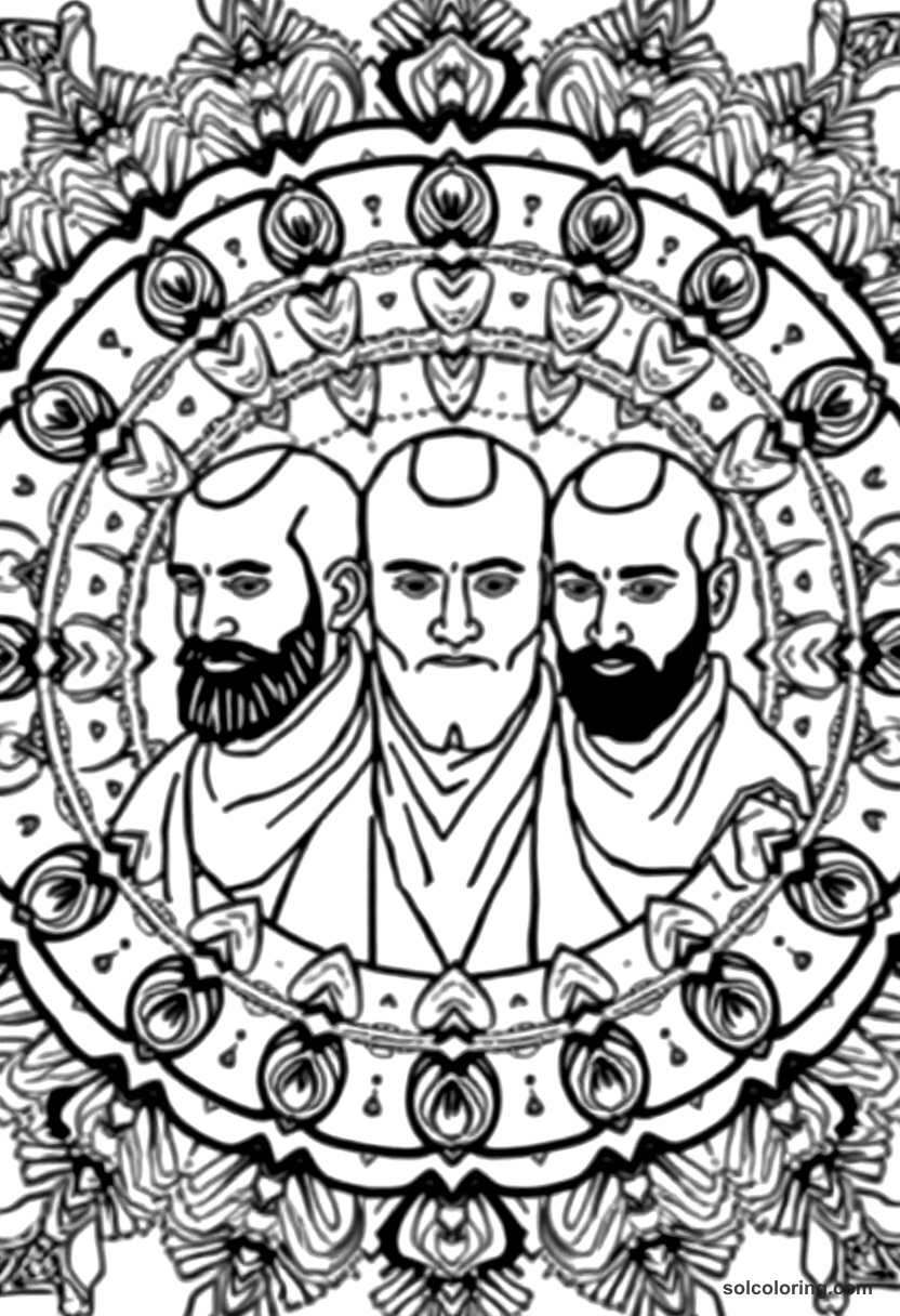 Mandala The three royal dervishes with shaved heads coloring page, free printable mandala style