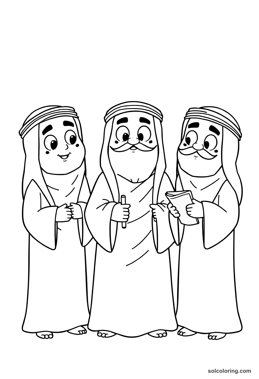 Cute Cartoon The three sheikhs telling tales to spare the merchant coloring page, free printable cute cartoon style