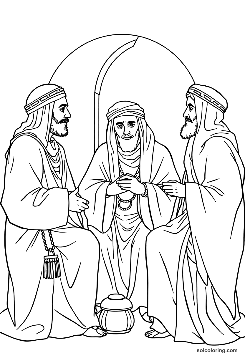 The three sheikhs telling tales to spare the merchant coloring page, free printable detailed style