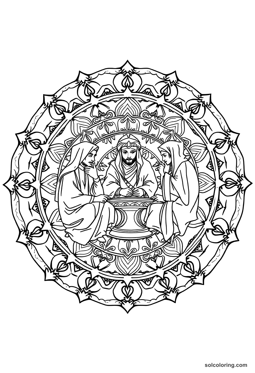 Mandala The three sheikhs telling tales to spare the merchant coloring page, free printable mandala style