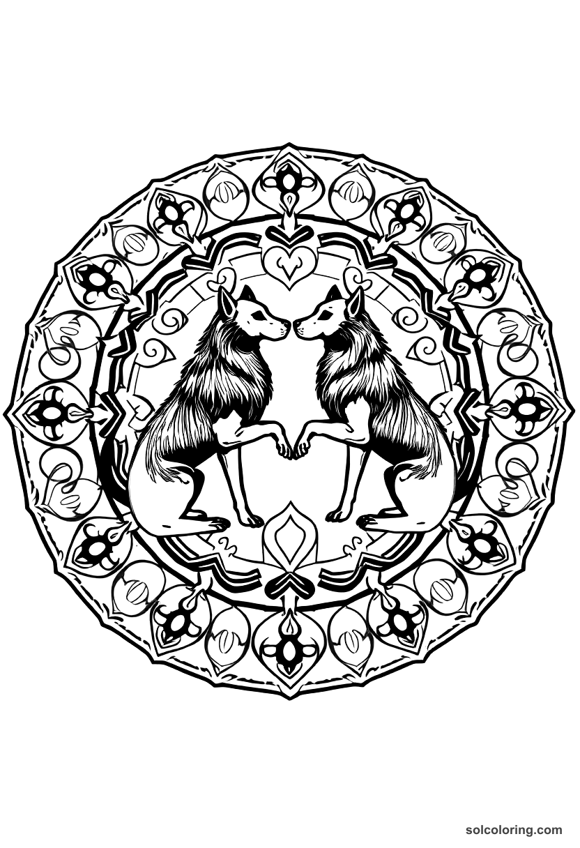 Mandala The two brothers transformed into black dogs coloring page, free printable mandala style