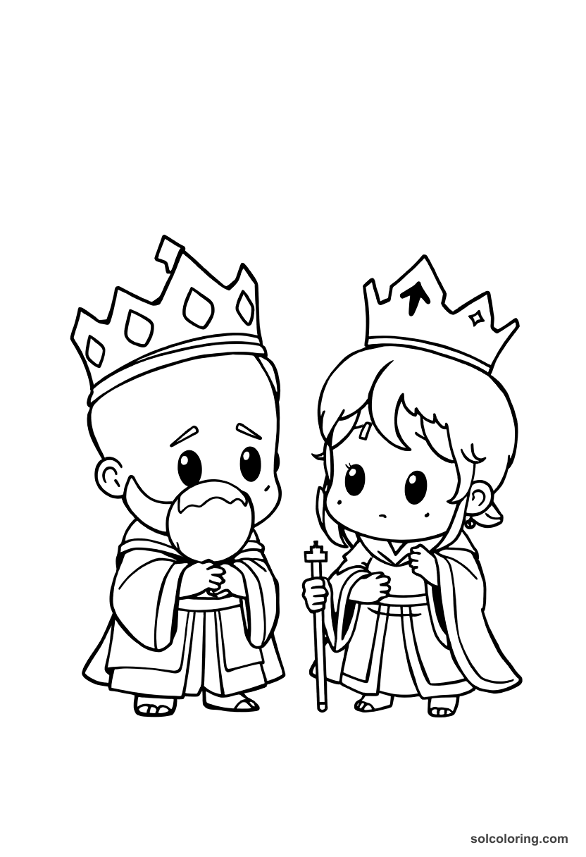Chibi The two kings discovering their wives' infidelity coloring page, free printable chibi style