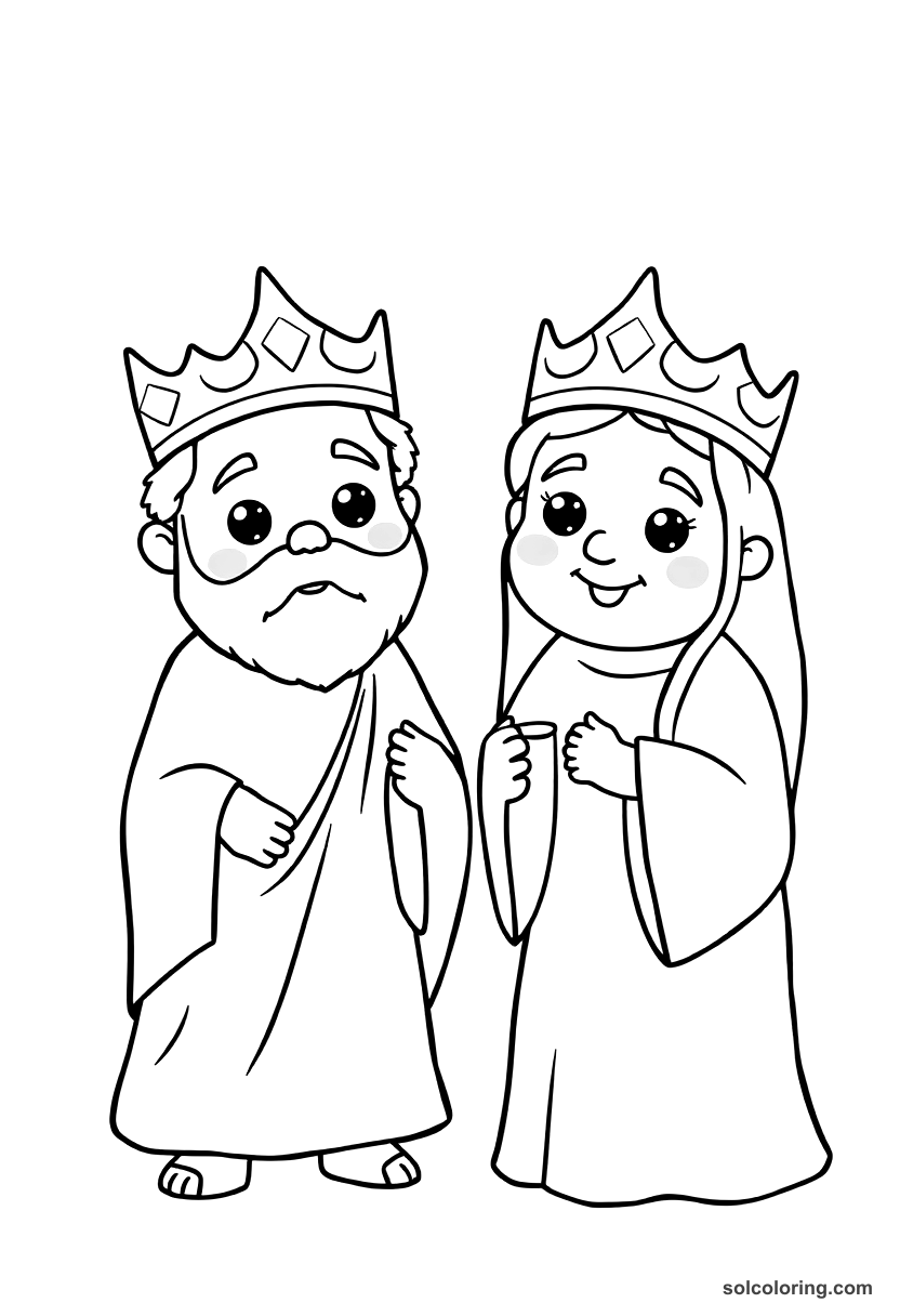 Cute Cartoon The two kings discovering their wives' infidelity coloring page, free printable cute cartoon style