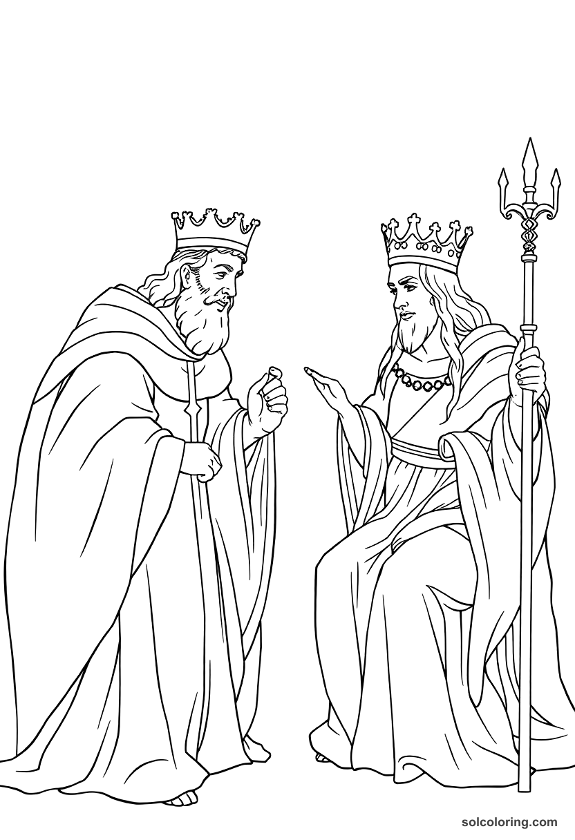 The two kings discovering their wives' infidelity coloring page, free printable detailed style