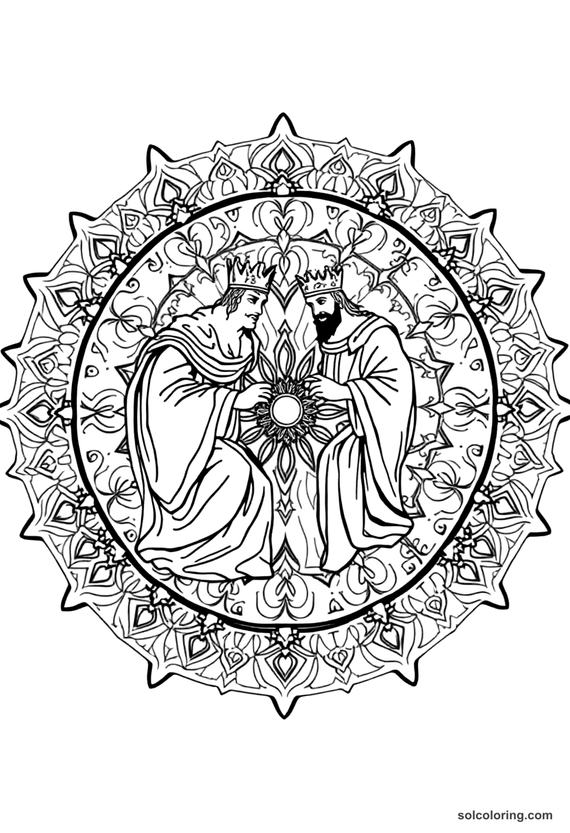 Mandala The two kings discovering their wives' infidelity coloring page, free printable mandala style