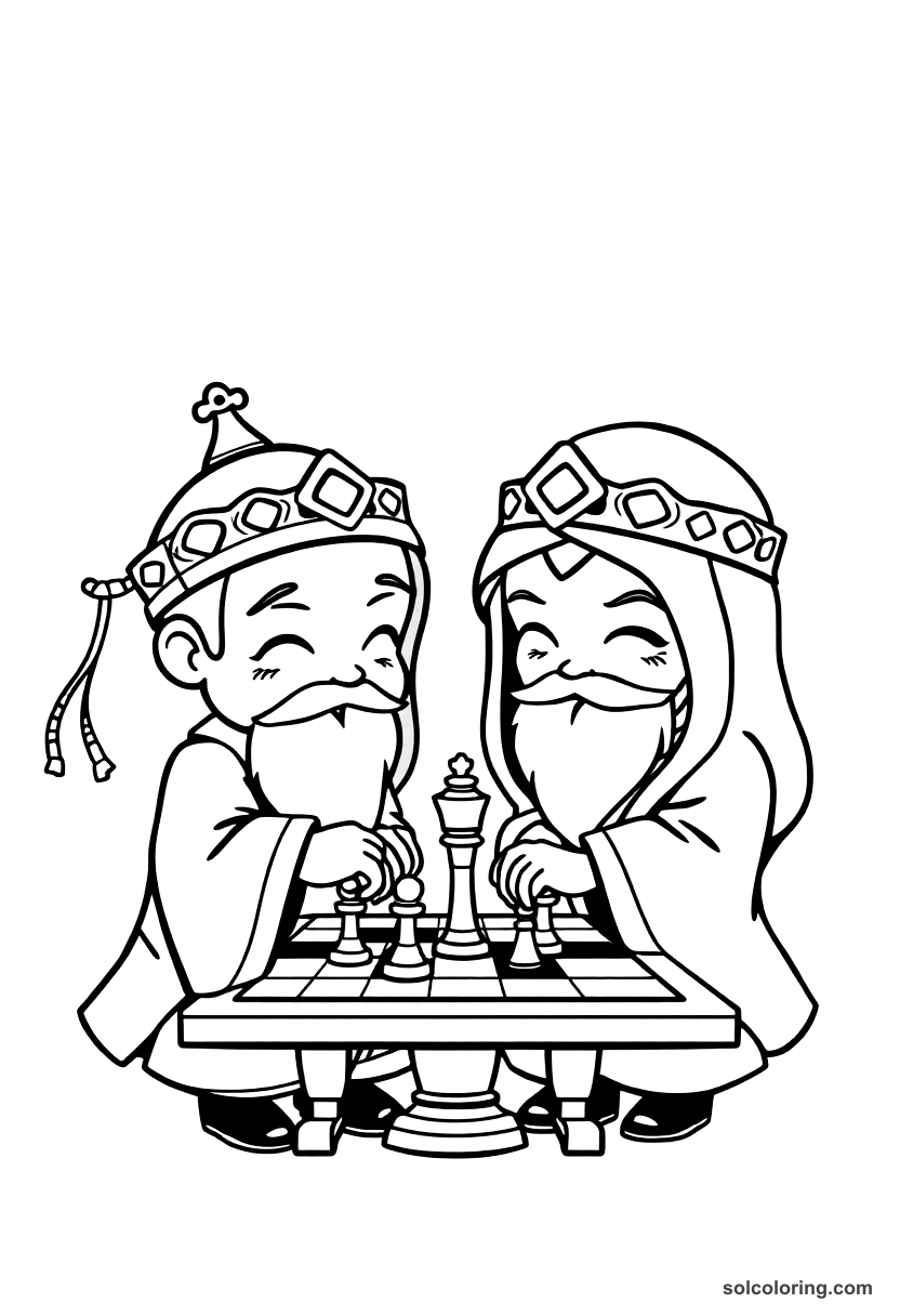 Chibi The two viziers playing chess coloring page, free printable chibi style