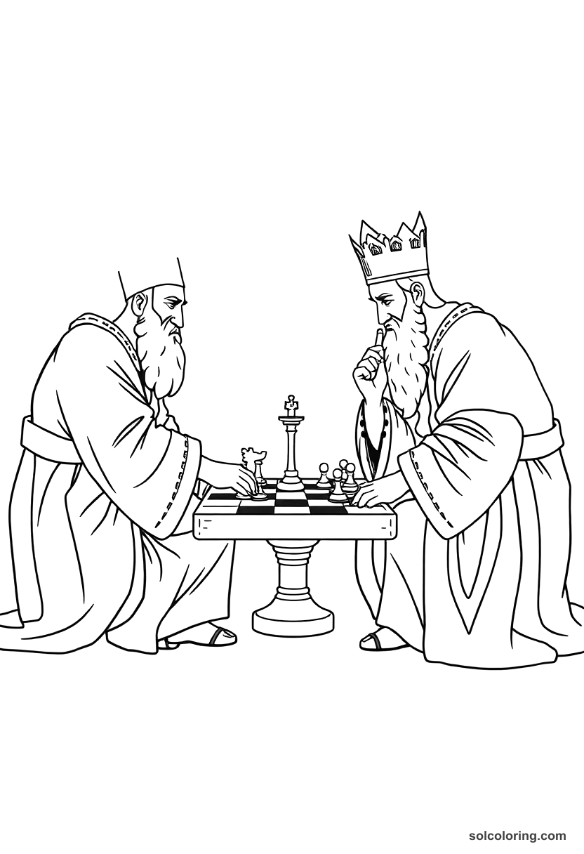 The two viziers playing chess coloring page, free printable detailed style