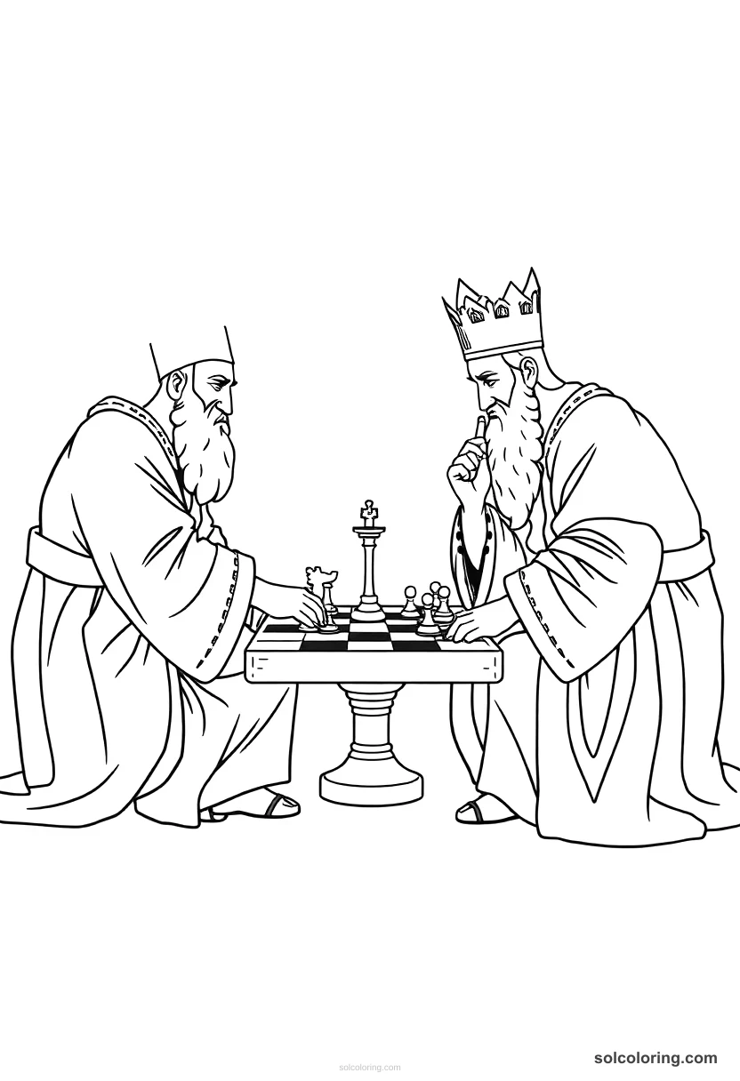 The two viziers playing chess detailed coloring page for kids
