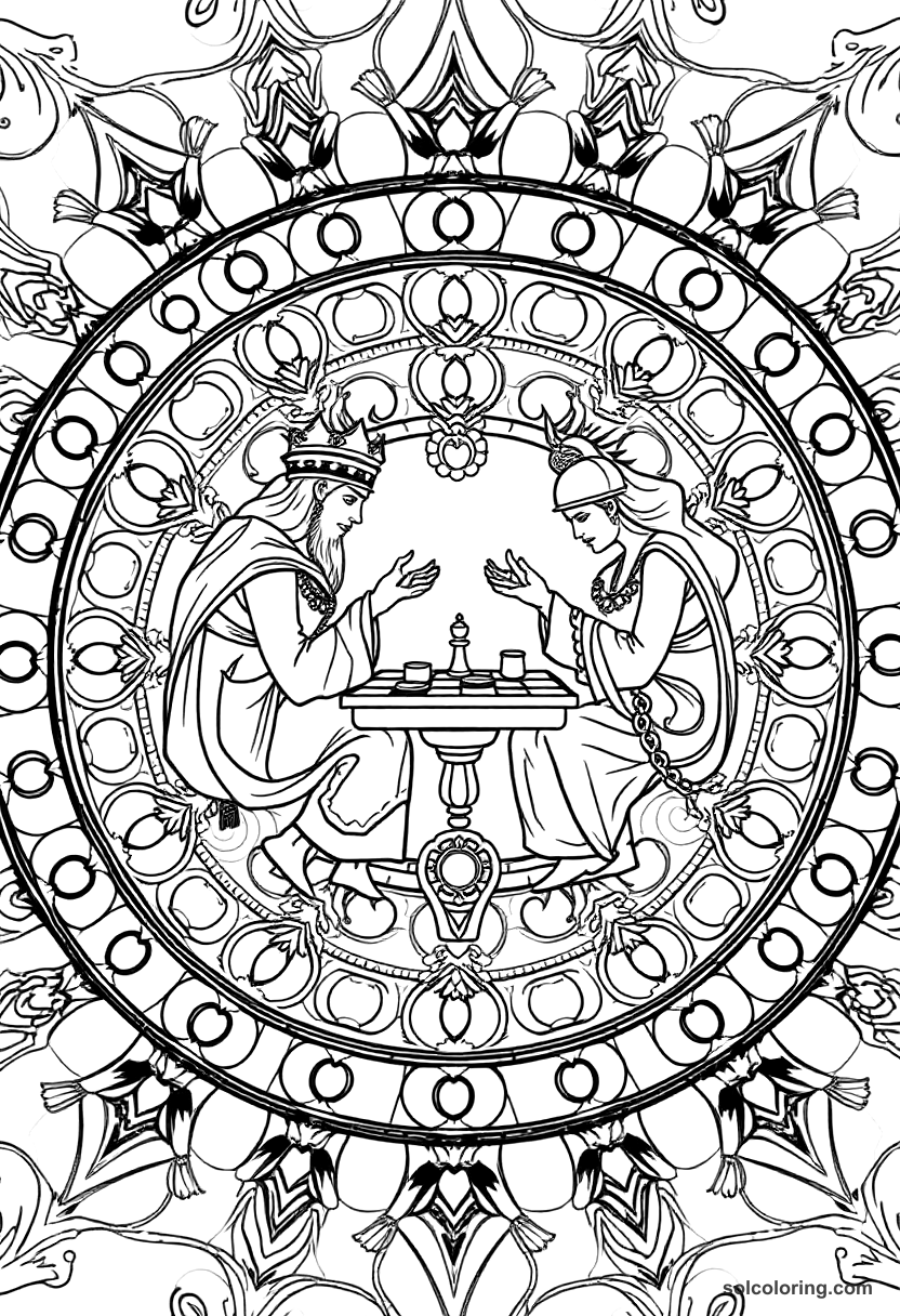 Mandala The two viziers playing chess coloring page, free printable mandala style