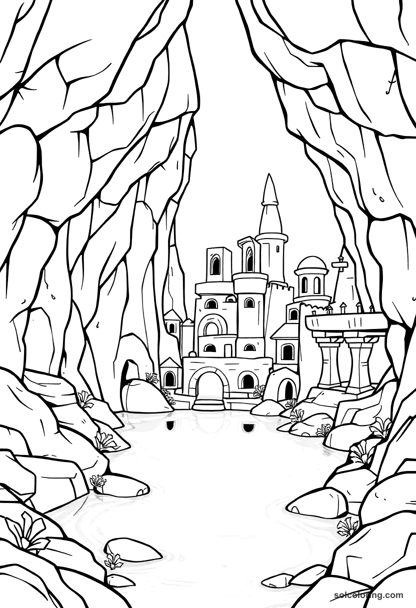 Chibi The underground lake beneath the stone city coloring page, free printable chibi style