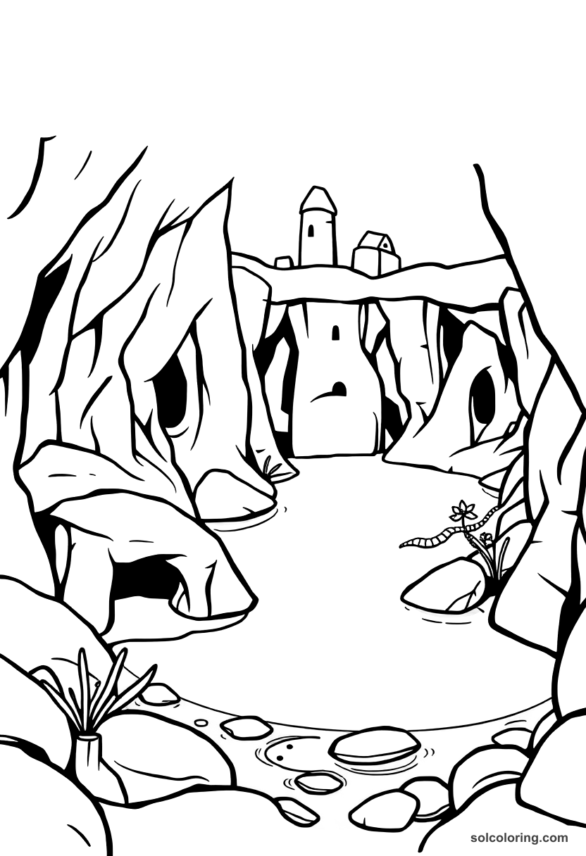 Cute Cartoon The underground lake beneath the stone city coloring page, free printable cute cartoon style