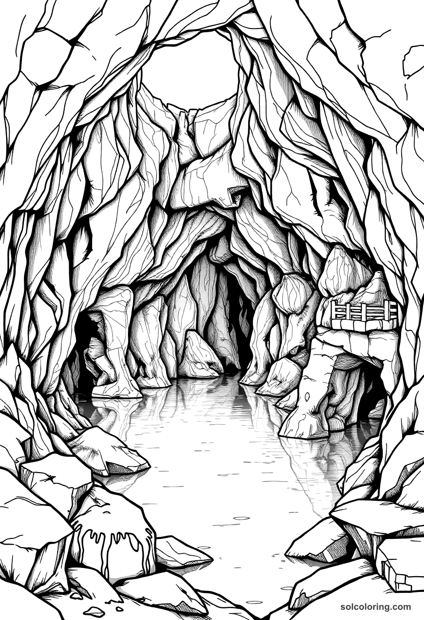 The underground lake beneath the stone city coloring page, free printable detailed style