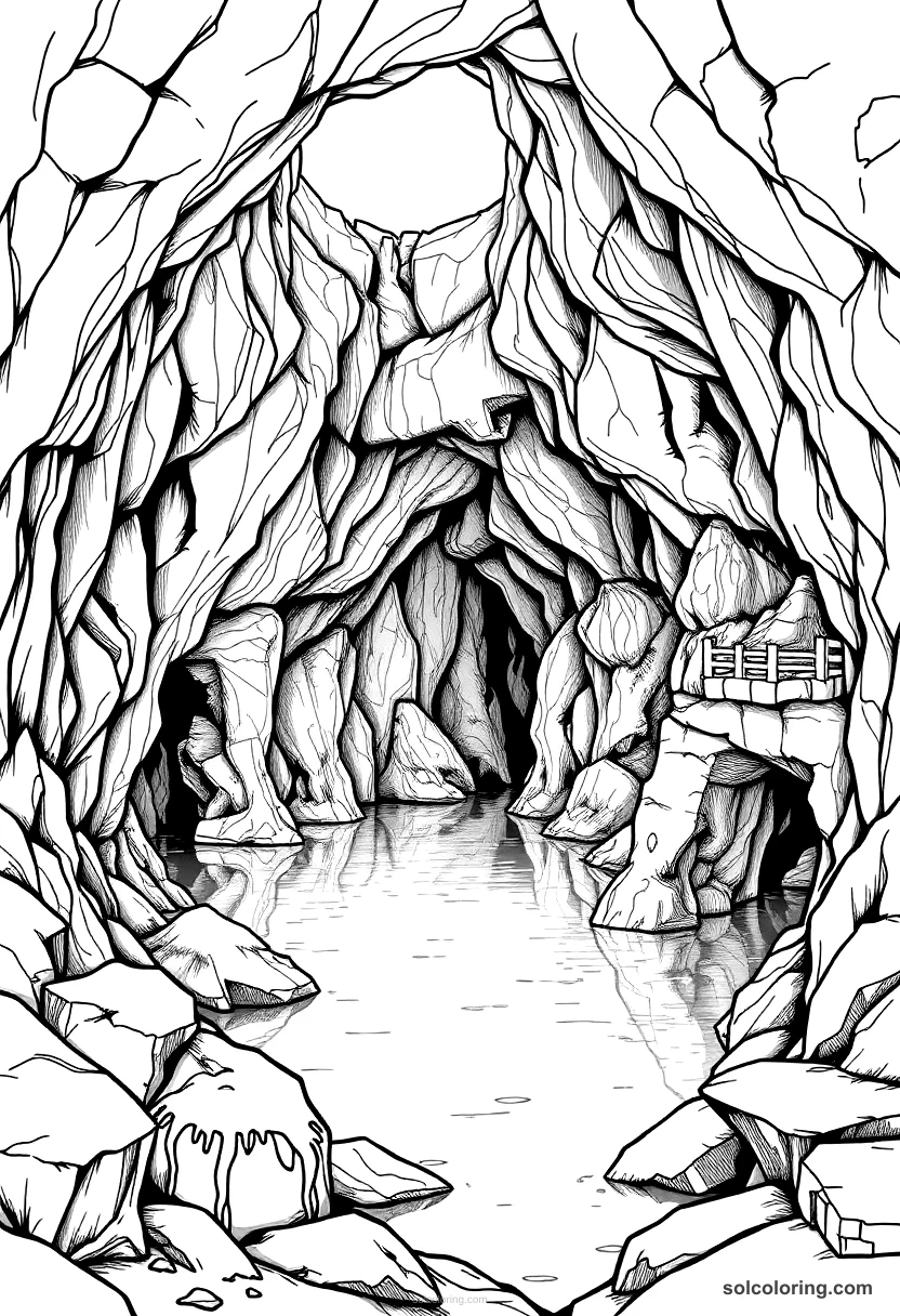The underground lake beneath the stone city detailed coloring page for kids