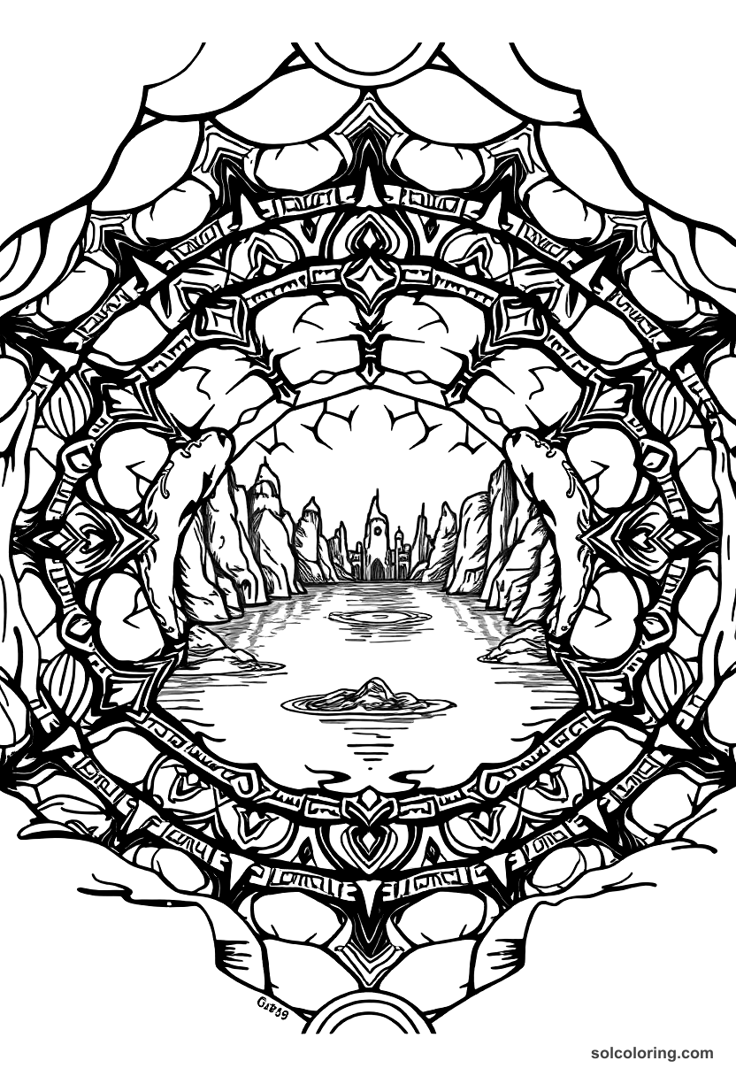 Mandala The underground lake beneath the stone city coloring page, free printable mandala style