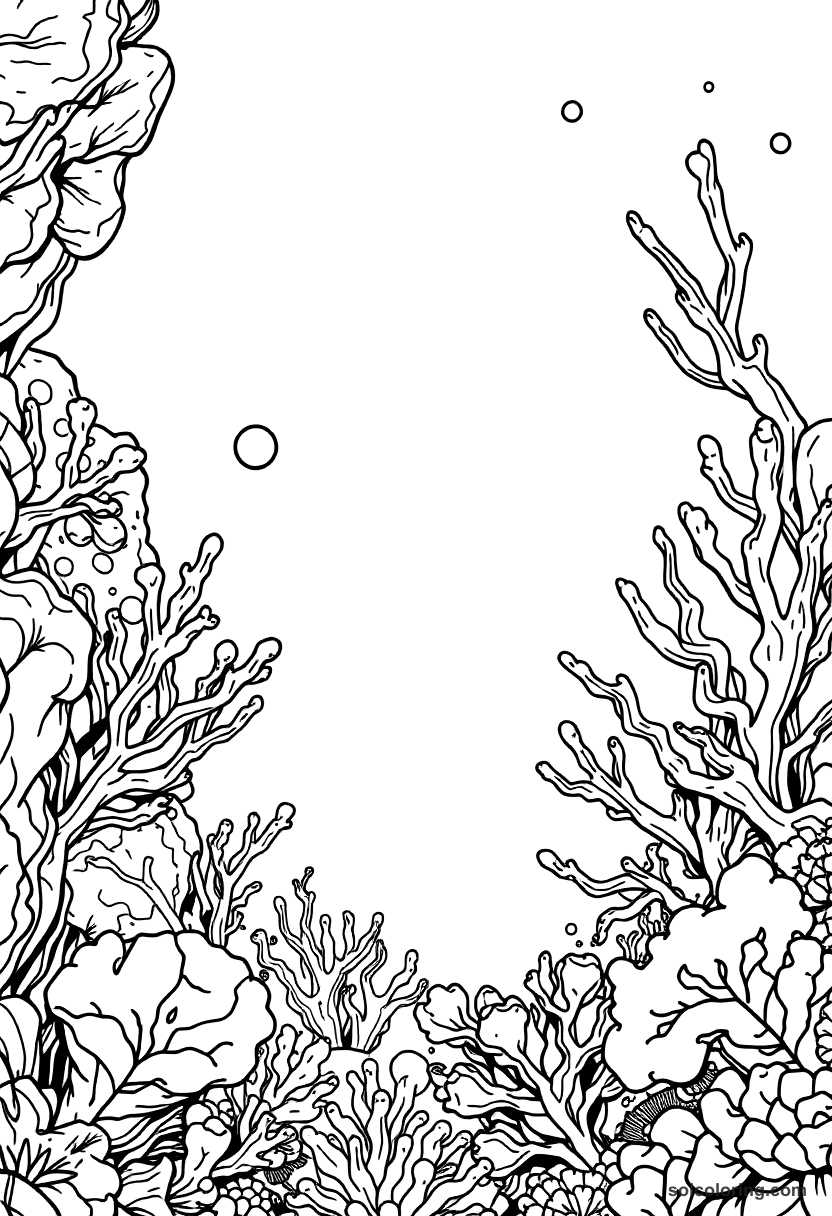 The underwater sea kingdom of coral and pearl coloring page, free printable detailed style
