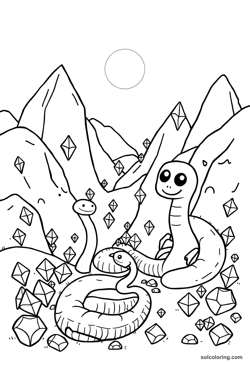 Cute Cartoon The valley of serpents filled with diamonds coloring page, free printable cute cartoon style