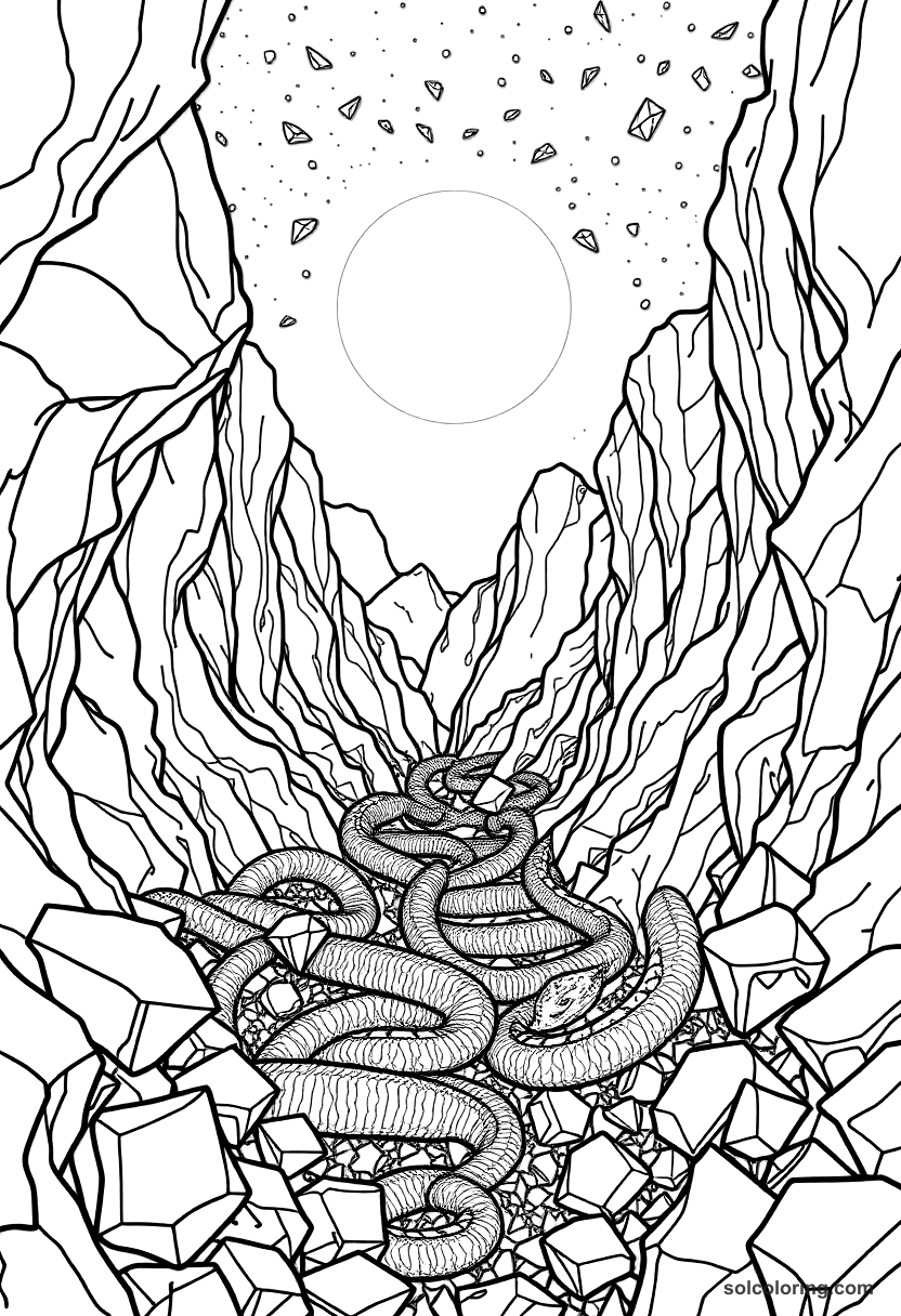 The valley of serpents filled with diamonds coloring page, free printable detailed style