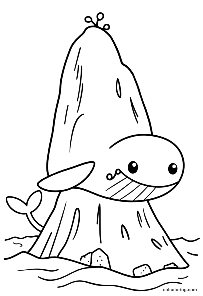 Cute Cartoon The whale island mistaken for dry land coloring page, free printable cute cartoon style