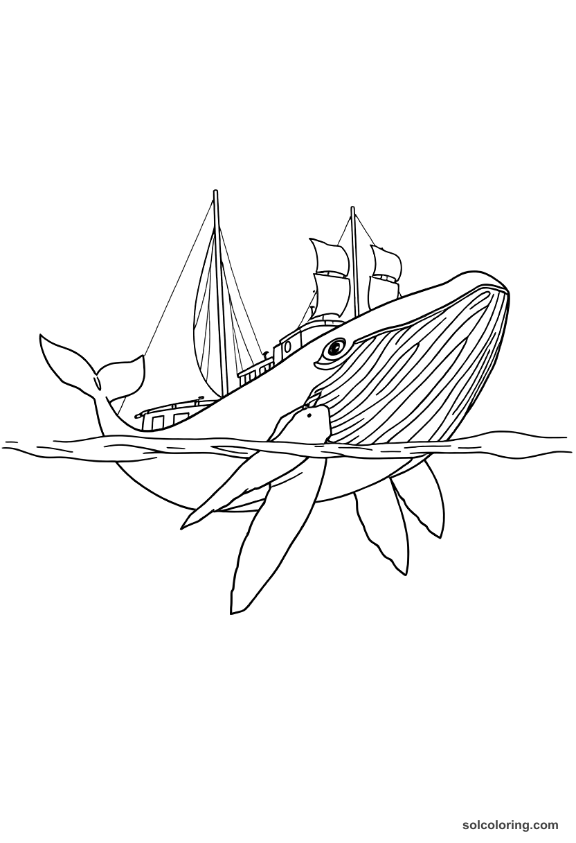The whale sounding and diving beneath the fleet coloring page, free printable detailed style