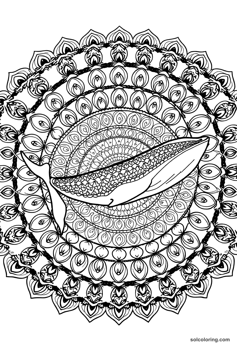 Mandala The whale sounding and diving beneath the fleet coloring page, free printable mandala style