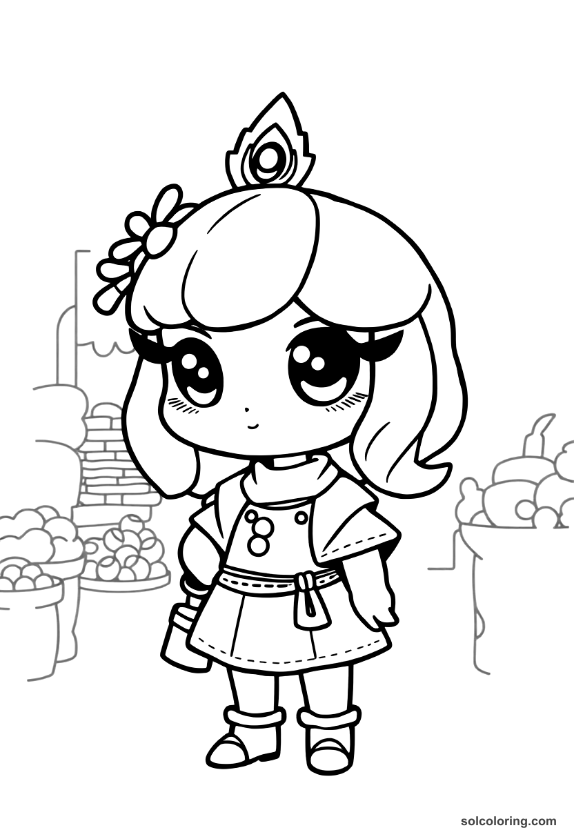 Chibi The wily Delilah the Schemer in the marketplace coloring page, free printable chibi style