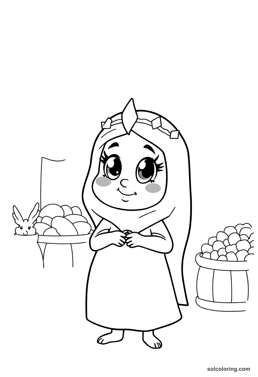 Cute Cartoon The wily Delilah the Schemer in the marketplace coloring page, free printable cute cartoon style