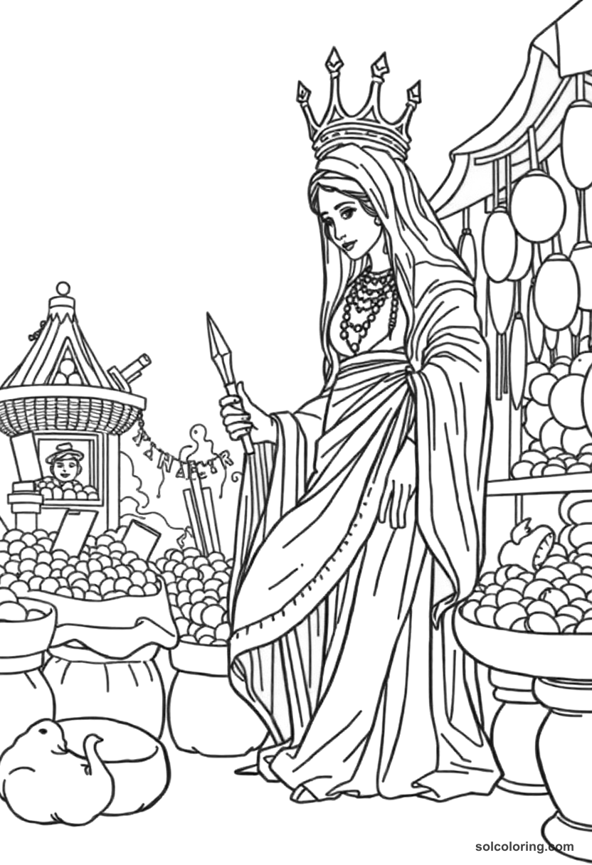 The wily Delilah the Schemer in the marketplace coloring page, free printable detailed style