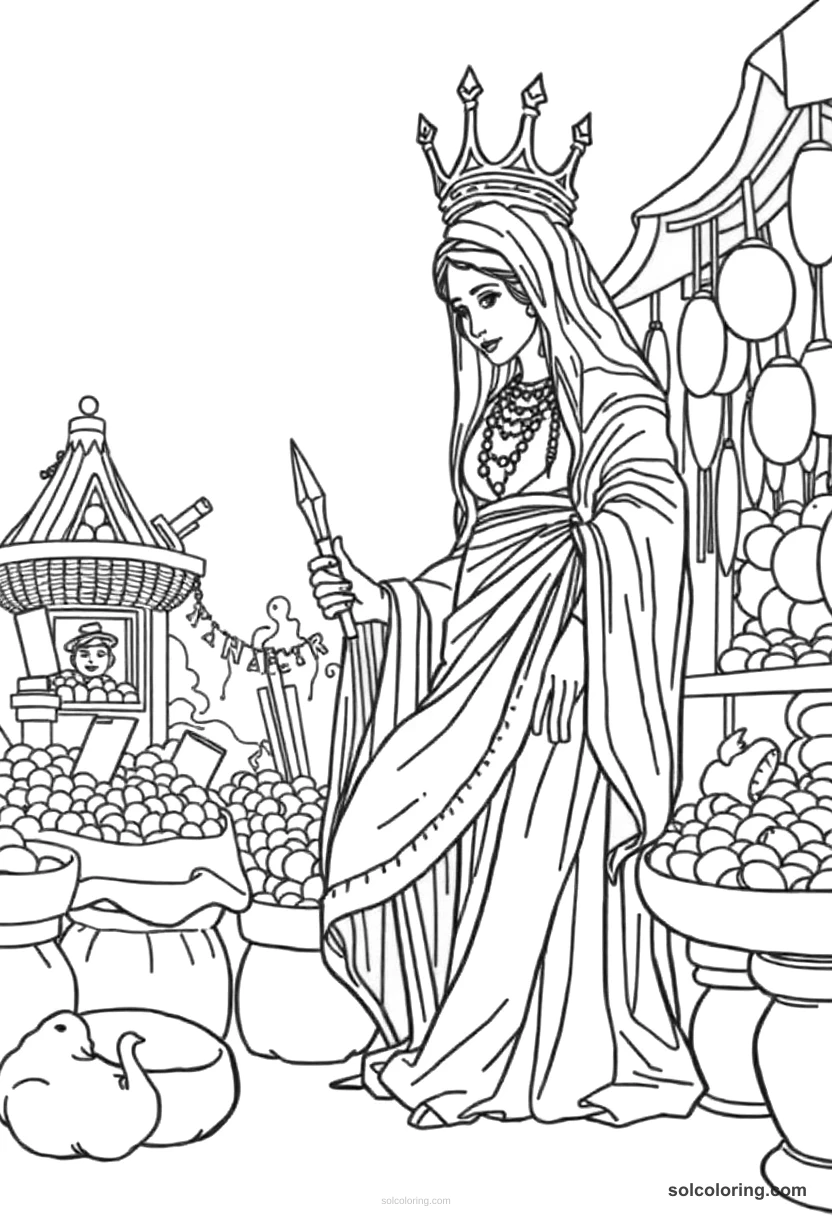 The wily Delilah the Schemer in the marketplace detailed coloring page for kids