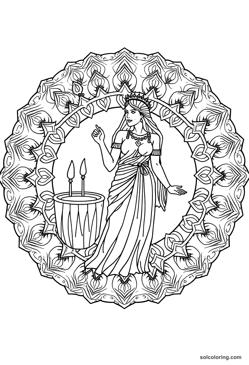 Mandala The wily Delilah the Schemer in the marketplace coloring page, free printable mandala style